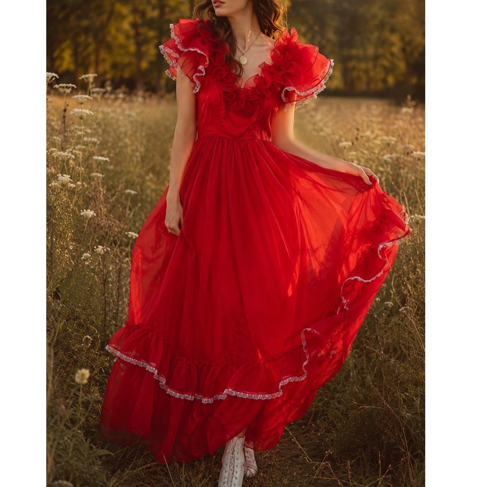 Red Ruffled Maxi Dress with Lace Trim